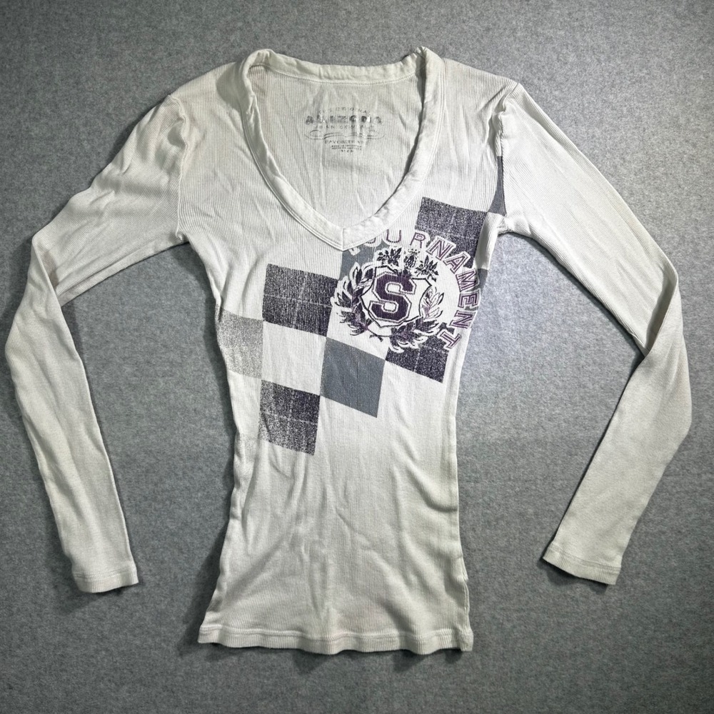Arizona Jean Co Womens White Ribbed V-Neck Long Sleeve Y2K Graphic Top Size S